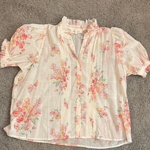 THE GREAT. Cream Blouse with Pink & Coral Floral Print